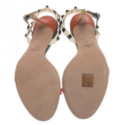 Pre Owned Valentino TriColor Leather Rockstud Ankle Strap Sandals Size 40