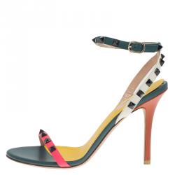 Pre Owned Valentino Tri Color Leather Rockstud Ankle Strap Sandals Size 39