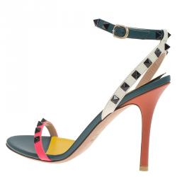 Pre Owned Valentino Tri Color Leather Rockstud Ankle Strap Sandals Size 39