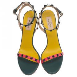 Pre Owned Valentino Tri Color Leather Rockstud Ankle Strap Sandals Size 39