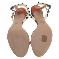 Pre Owned Valentino Tri Color Leather Rockstud Ankle Strap Sandals Size 39