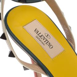 Pre Owned Valentino Tri Color Leather Rockstud Ankle Strap Sandals Size 39