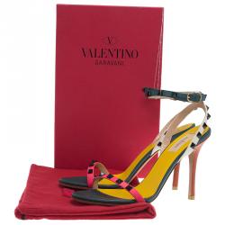 Pre Owned Valentino Tri Color Leather Rockstud Ankle Strap Sandals Size 39