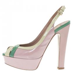 Pre Owned Valentino Tri Color Patent Criss Cross Platform Slingback Sandals Size 37