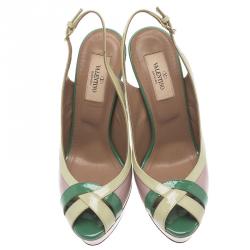 Pre Owned Valentino Tri Color Patent Criss Cross Platform Slingback Sandals Size 37