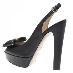 Pre Owned Valentino Black Leather Rockstud Bow Platform Slingback Sandals Size 39