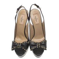 Pre Owned Valentino Black Leather Rockstud Bow Platform Slingback Sandals Size 39