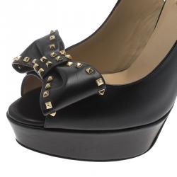 Pre Owned Valentino Black Leather Rockstud Bow Platform Slingback Sandals Size 39