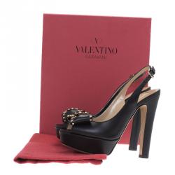 Pre Owned Valentino Black Leather Rockstud Bow Platform Slingback Sandals Size 39