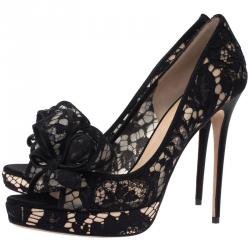 Pre Owned Valentino Black Floral Couture Bow Lace Peep Toe Platform Pumps Size 41