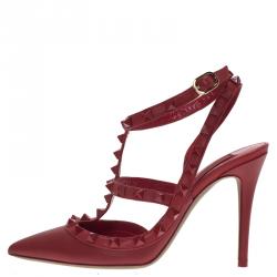 Pre Owned Valentino Red Leather Rockstud Sandals Size 36