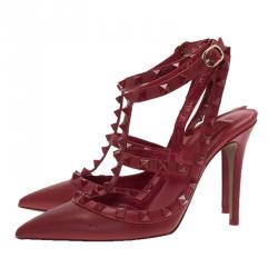 Pre Owned Valentino Red Leather Rockstud Sandals Size 36