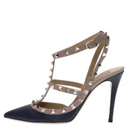 Pre Owned Valentino Blue and Beige Leather Rockstud Sandals Size 38