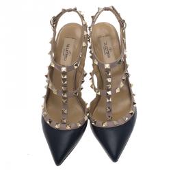 Pre Owned Valentino Blue and Beige Leather Rockstud Sandals Size 38