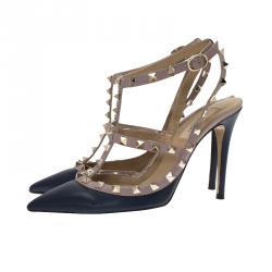 Pre Owned Valentino Blue and Beige Leather Rockstud Sandals Size 38