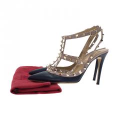 Pre Owned Valentino Blue and Beige Leather Rockstud Sandals Size 38