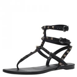 Pre Owned Valentino Black Leather Rockstud Thong Gladiator Sandals Size 37.5