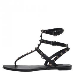 Pre Owned Valentino Black Leather Rockstud Thong Gladiator Sandals Size 37.5