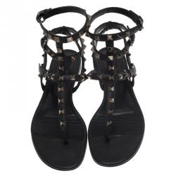 Pre Owned Valentino Black Leather Rockstud Thong Gladiator Sandals Size 37.5