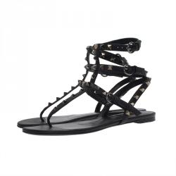 Pre Owned Valentino Black Leather Rockstud Thong Gladiator Sandals Size 37.5