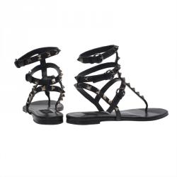 Pre Owned Valentino Black Leather Rockstud Thong Gladiator Sandals Size 37.5