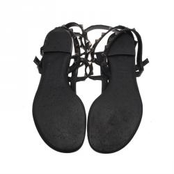 Pre Owned Valentino Black Leather Rockstud Thong Gladiator Sandals Size 37.5
