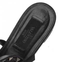 Pre Owned Valentino Black Leather Rockstud Thong Gladiator Sandals Size 37.5