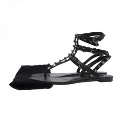 Pre Owned Valentino Black Leather Rockstud Thong Gladiator Sandals Size 37.5