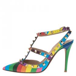 Pre Owned Valentino Multicolor Striped Limited Edition Rockstud Sandals Size 37