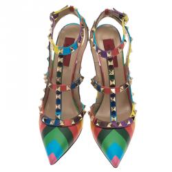 Pre Owned Valentino Multicolor Striped Limited Edition Rockstud Sandals Size 37
