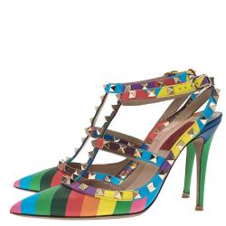 Pre Owned Valentino Multicolor Striped Limited Edition Rockstud Sandals Size 37