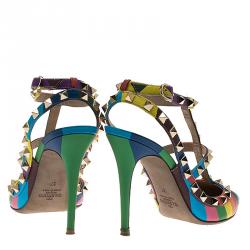 Pre Owned Valentino Multicolor Striped Limited Edition Rockstud Sandals Size 37