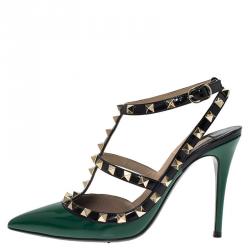 Pre Owned Valentino Green and Black Patent Rockstud Sandals Size 37