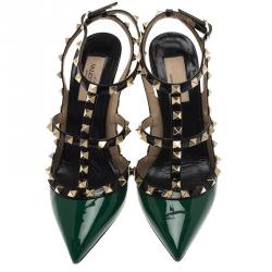 Pre Owned Valentino Green and Black Patent Rockstud Sandals Size 37