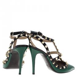 Pre Owned Valentino Green and Black Patent Rockstud Sandals Size 37