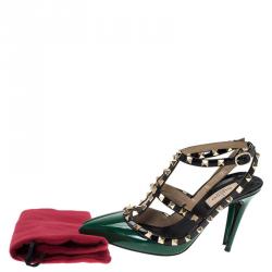 Pre Owned Valentino Green and Black Patent Rockstud Sandals Size 37