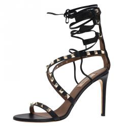 Pre Owned Valentino Black Leather Rockstud Lace Up Gladiator Sandals Size 37