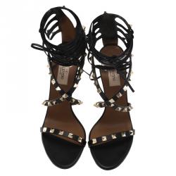 Pre Owned Valentino Black Leather Rockstud Lace Up Gladiator Sandals Size 37
