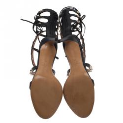 Pre Owned Valentino Black Leather Rockstud Lace Up Gladiator Sandals Size 37