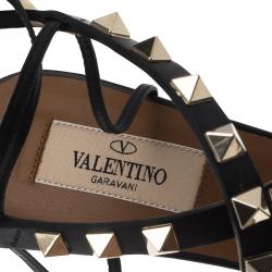 Pre Owned Valentino Black Leather Rockstud Lace Up Gladiator Sandals Size 37