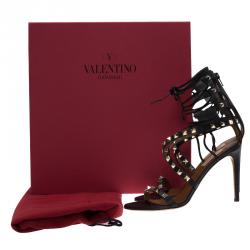 Pre Owned Valentino Black Leather Rockstud Lace Up Gladiator Sandals Size 37