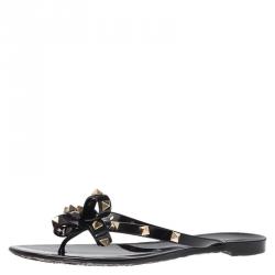 Pre Owned Valentino Black Rockstud Bow Jelly Thong Sandals Size 39