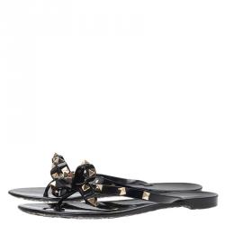 Pre Owned Valentino Black Rockstud Bow Jelly Thong Sandals Size 39