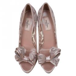 Pre Owned Valentino Beige Floral Lace Couture Bow Peep Toe Platform Pumps Size 40