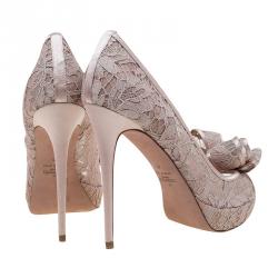 Pre Owned Valentino Beige Floral Lace Couture Bow Peep Toe Platform Pumps Size 40