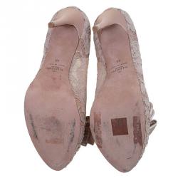 Pre Owned Valentino Beige Floral Lace Couture Bow Peep Toe Platform Pumps Size 40
