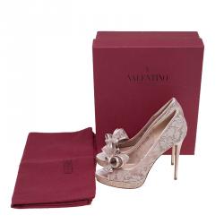 Pre Owned Valentino Beige Floral Lace Couture Bow Peep Toe Platform Pumps Size 40