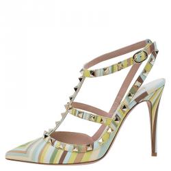 Pre Owned Valentino Native Couture 1975 Print Leather Rockstud Sandals Size 39.5