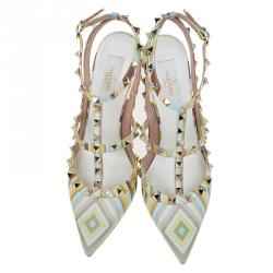 Pre Owned Valentino Native Couture 1975 Print Leather Rockstud Sandals Size 39.5