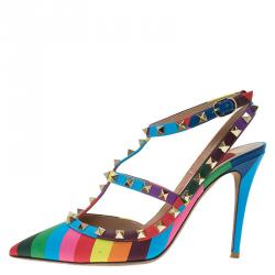 Pre Owned Valentino Multicolor Striped Limited Edition Rockstud Sandals Size 38.5